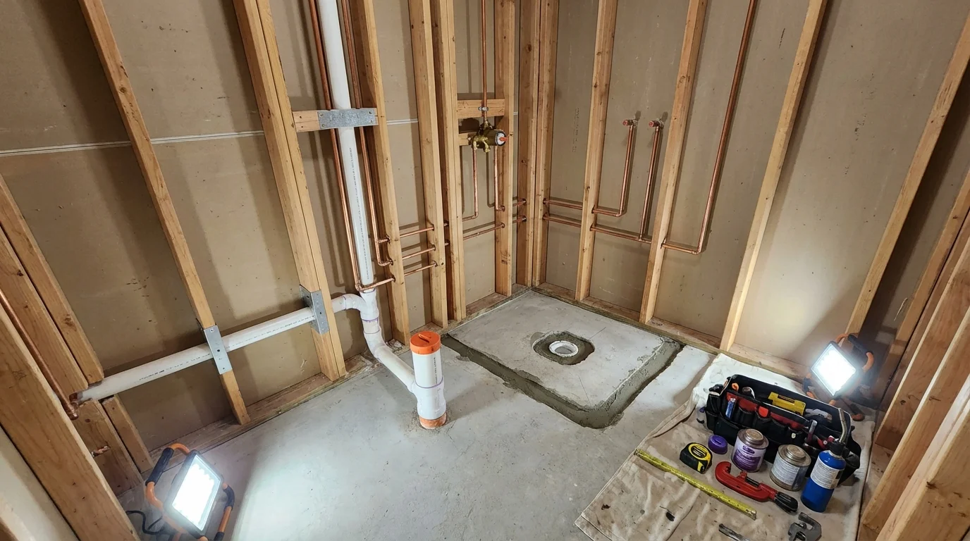 Bathroom rough-in plumbing during remodel by Johns Plumbing LLC in Mahwah