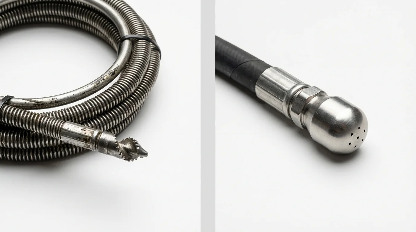 Drain snake cable and hydro jetting nozzle used for drain cleaning in Mahwah, NJ