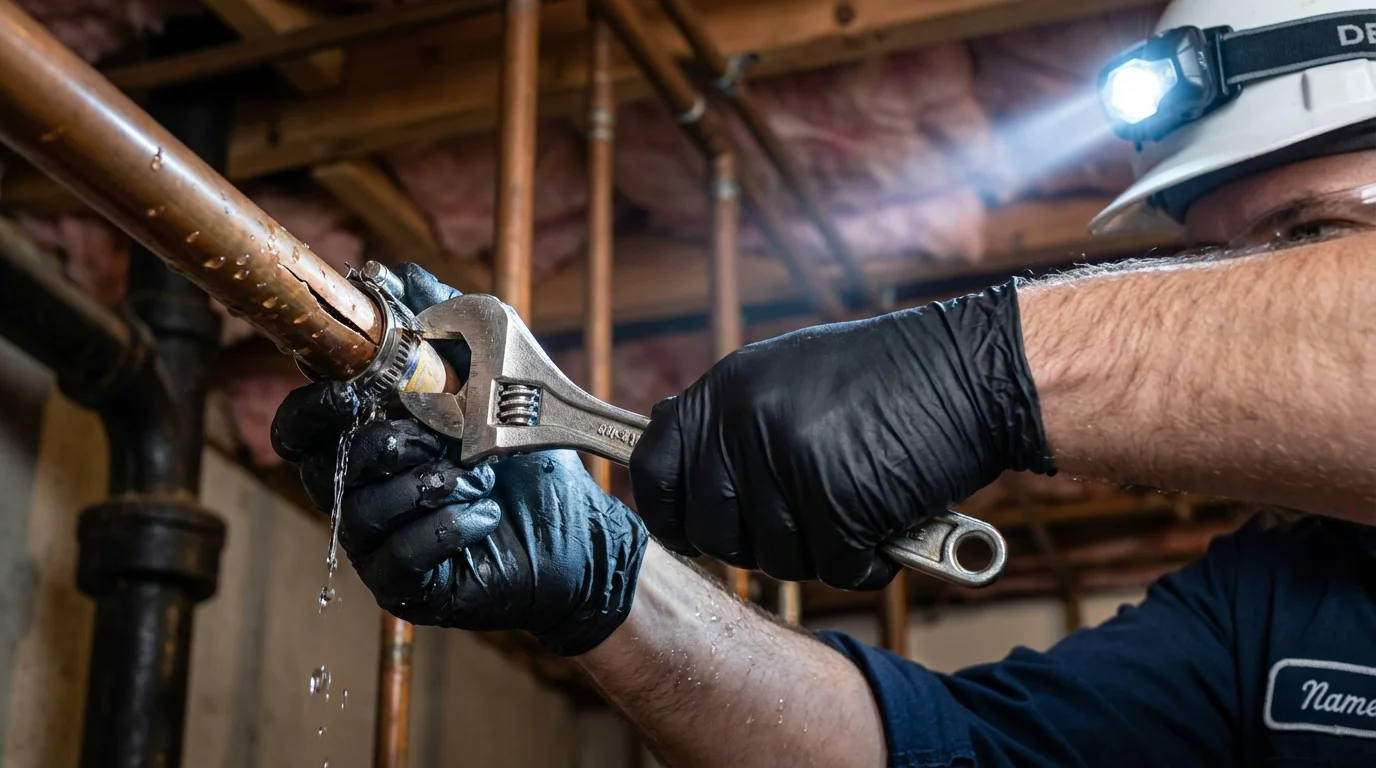 Emergency pipe clamp repair being performed by a Johns Plumbing LLC plumber in Mahwah