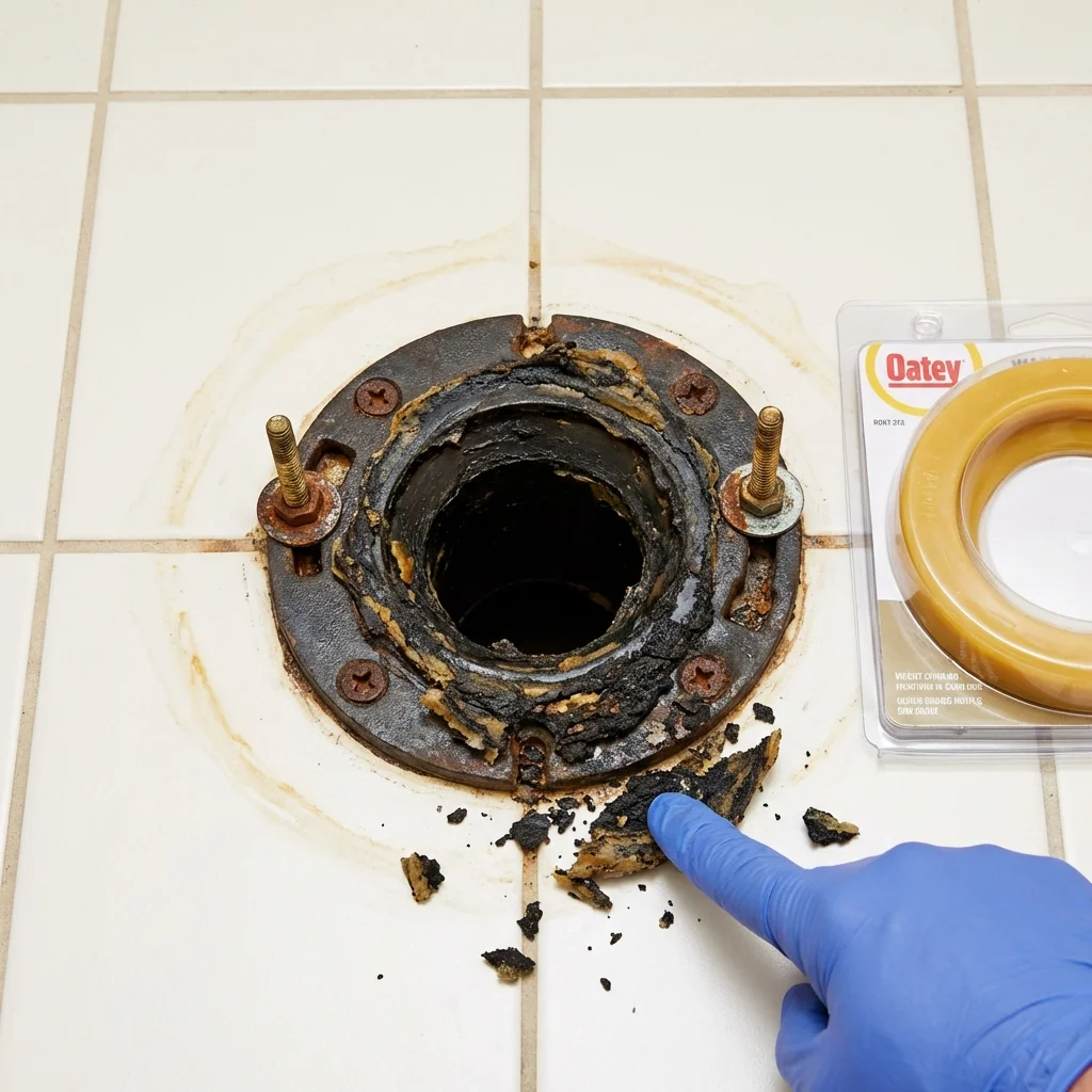 Failed wax ring showing water seepage at the base of a toilet in a Mahwah, NJ home