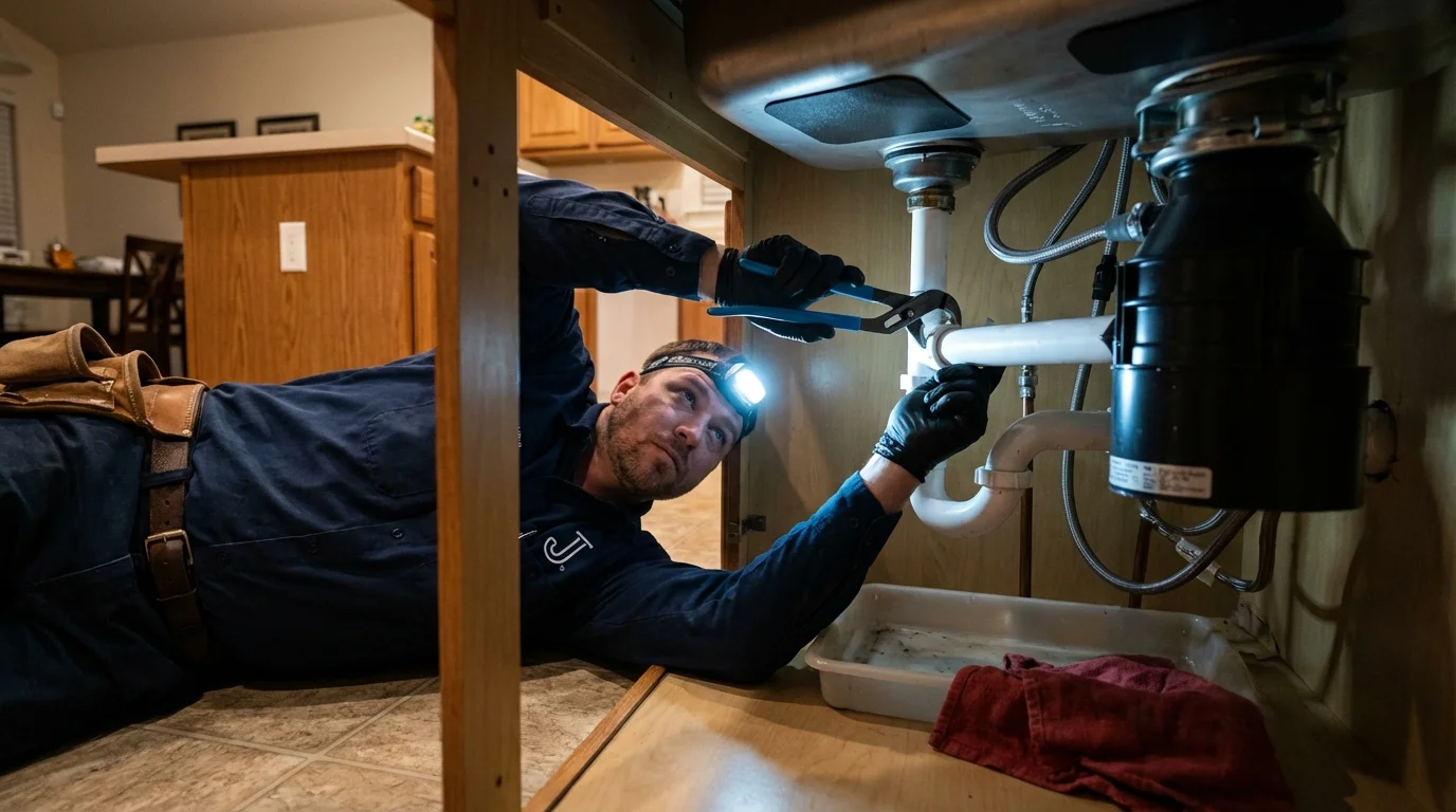 P-trap and supply line connections under a kitchen sink showing a common leak point in Mahwah, NJ